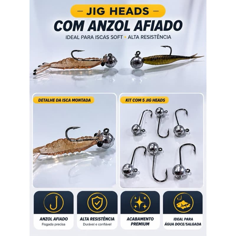Kit 15 Jig Head Pesca  1/0 3/0 3g a 7g  Alta performance Anzol para Soft Bait Robalo Traíra Tucunaré Isca Artificial