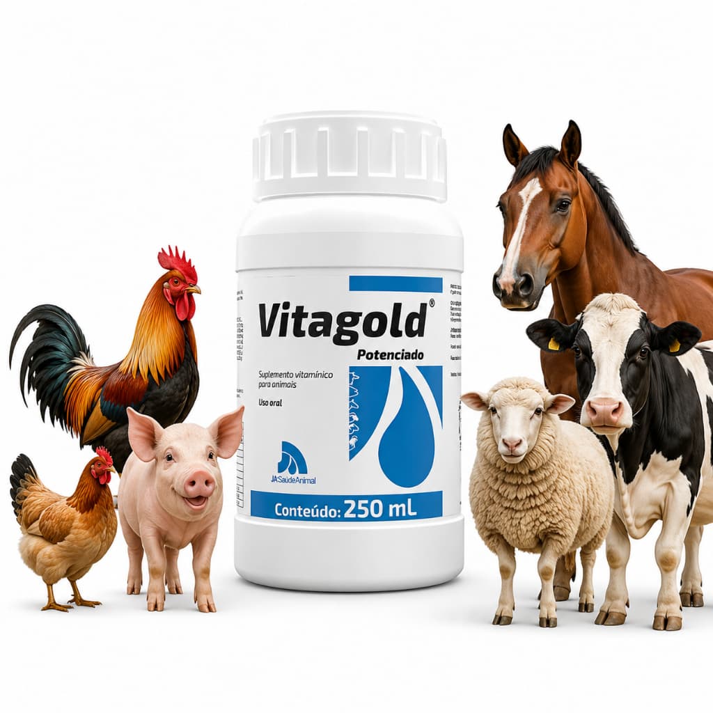 Vitagold Potenciado 250ml Vitamina para Aves Equinos Suínos Cães Gatos Bovinos Ovinos