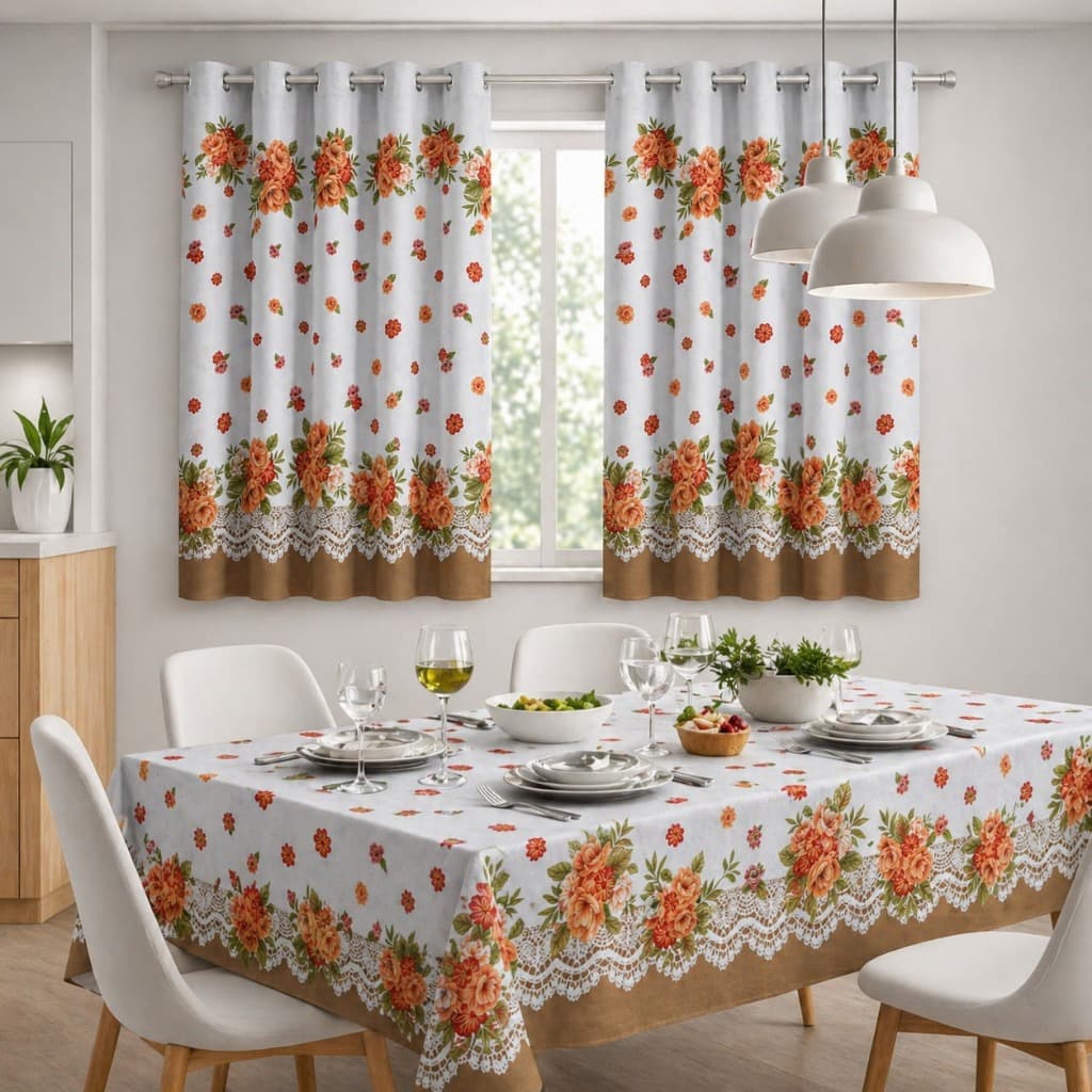 Decoração Cortina Linhão 2,00x1,40 Para Cozinha + Toalha De Mesa Posta 4 e 6 Lugares Moderna