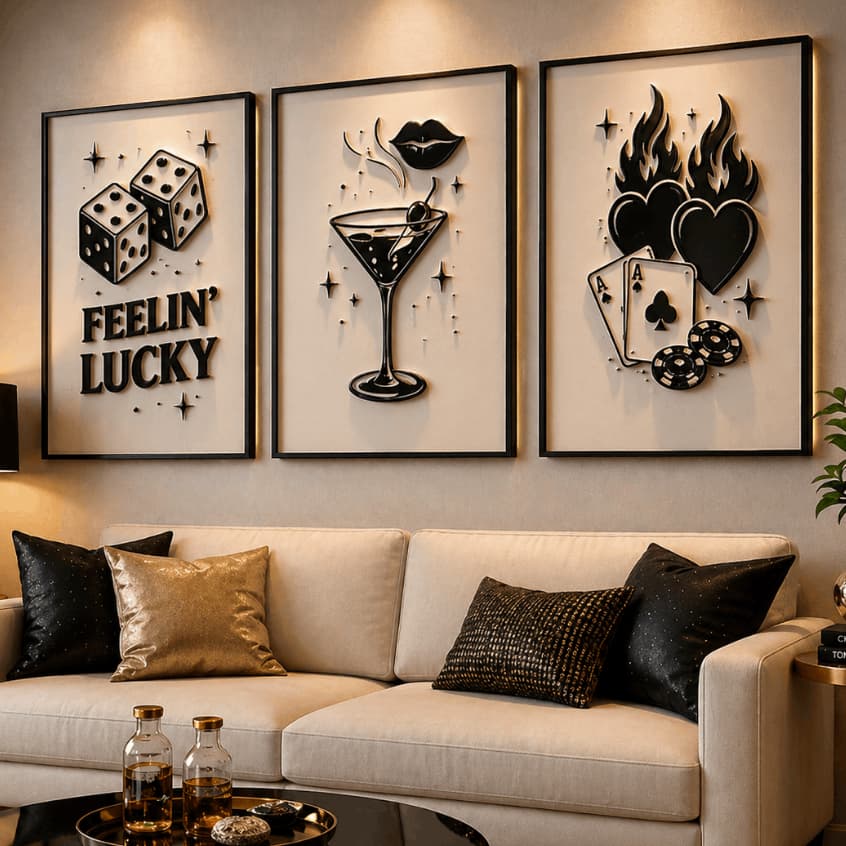 Kit 3 Quadros Decorativos Cassino Preto Branco Poker Dados Luxo Sala Quarto
