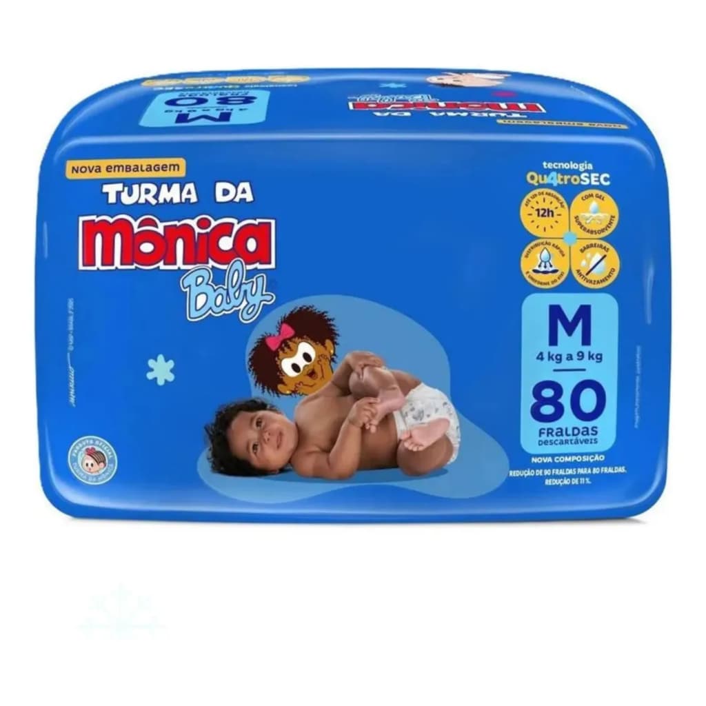 Fralda Infantil Turma da Mônica Baby Pacote Hiper M 80 Unidades Tecnologia QuatroSec Proteção 12h
