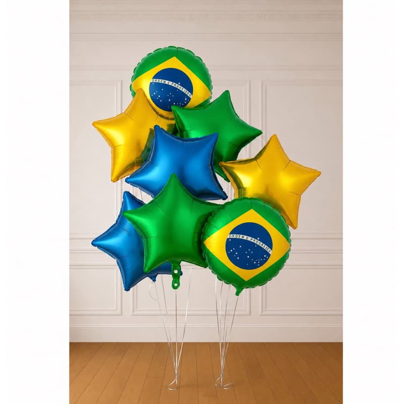 Kit 8 Balões Metalizados 2 BANDEIRA DO BRASIL 45cm + Estrela 2 DOURADO 2 VERDE 2 AZUL 45cm COPA