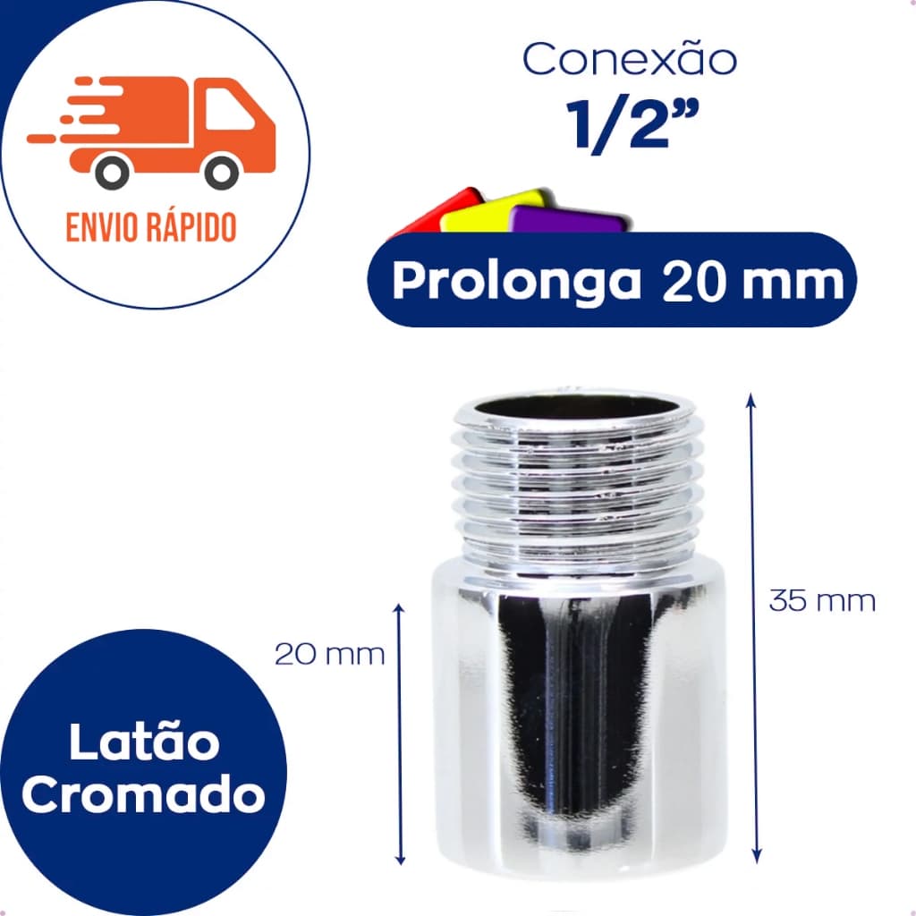 Alongador Prolongador Extensor De Torneira Curto Macho Fêmea Roscável Latão Cromado 20mm 1/2"