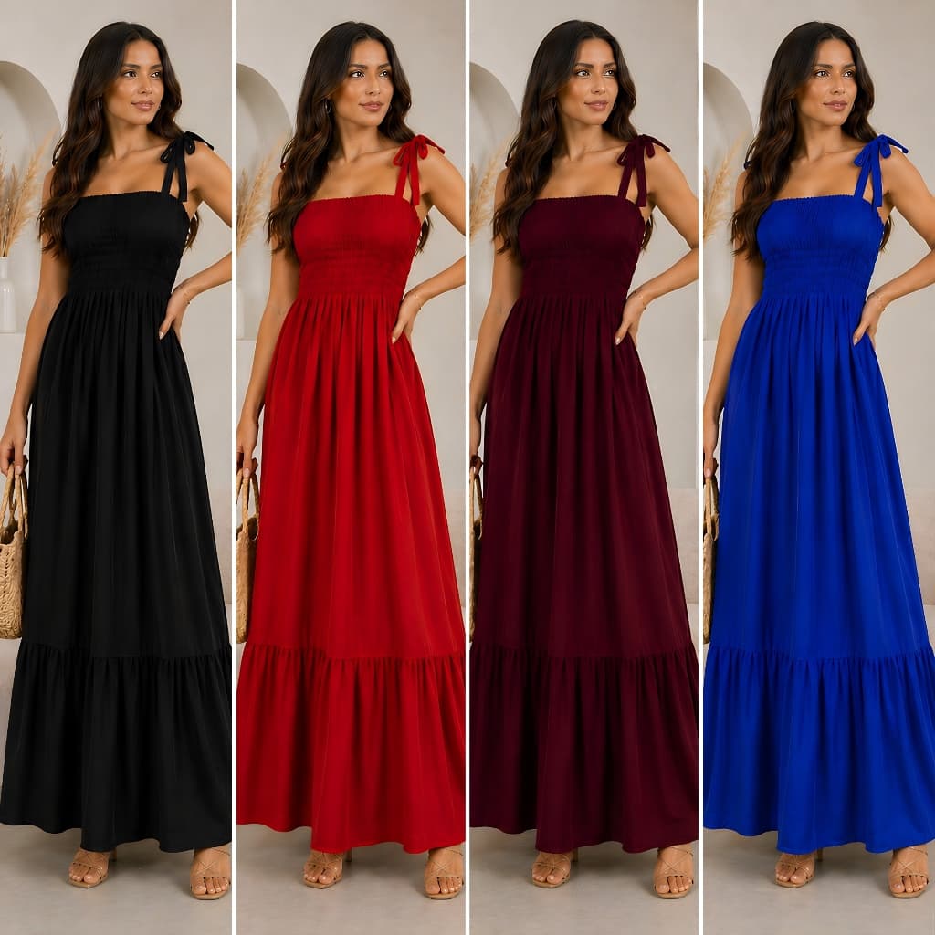 Vestido Longo Feminino com Lastex e Alça Ajustável Duna Premium Não Marca Não Transparente Moda Casual Elegante