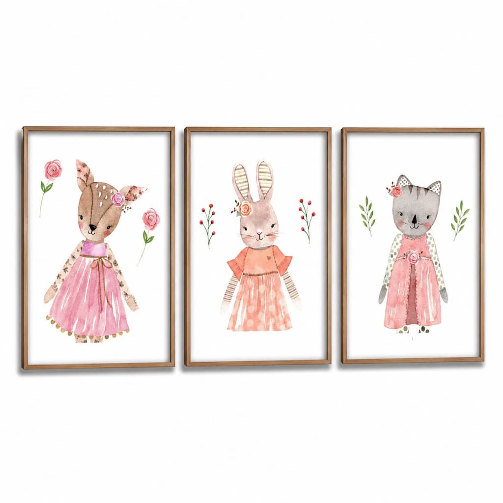 Kit 3 Quadros Decorativos Infantil | Quarto Bebê Menina | Animais Fofos e Delicados - No151