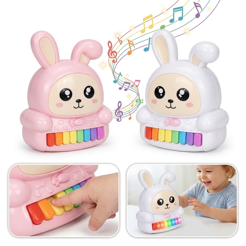 Pianinho Musical Coelhinho Bebê Teclas Coloridas Luz Som Jogo Toupeira Brinquedo Educativo 12 Meses