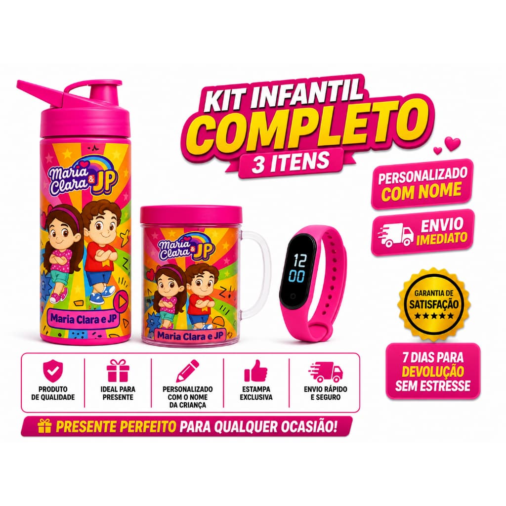 Maria Clara & JP – Garrafa Copo e Relógio Digital ENVIO FULL + NOME DA CRIANÇA MENINO OU MENINA
