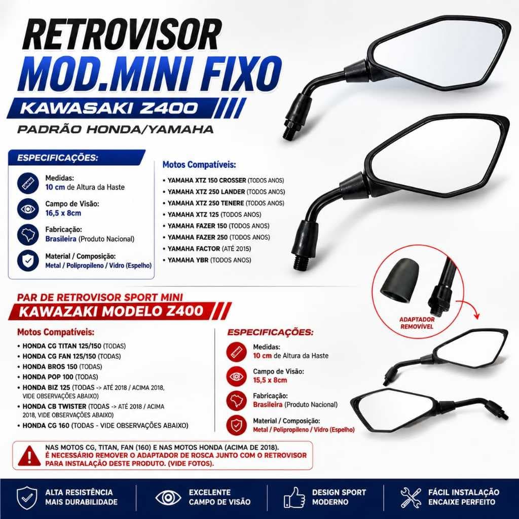 Retrovisor Z400 Modelo Mini Rosca Honda/Yamaha Fixo Haste curta Esportivo