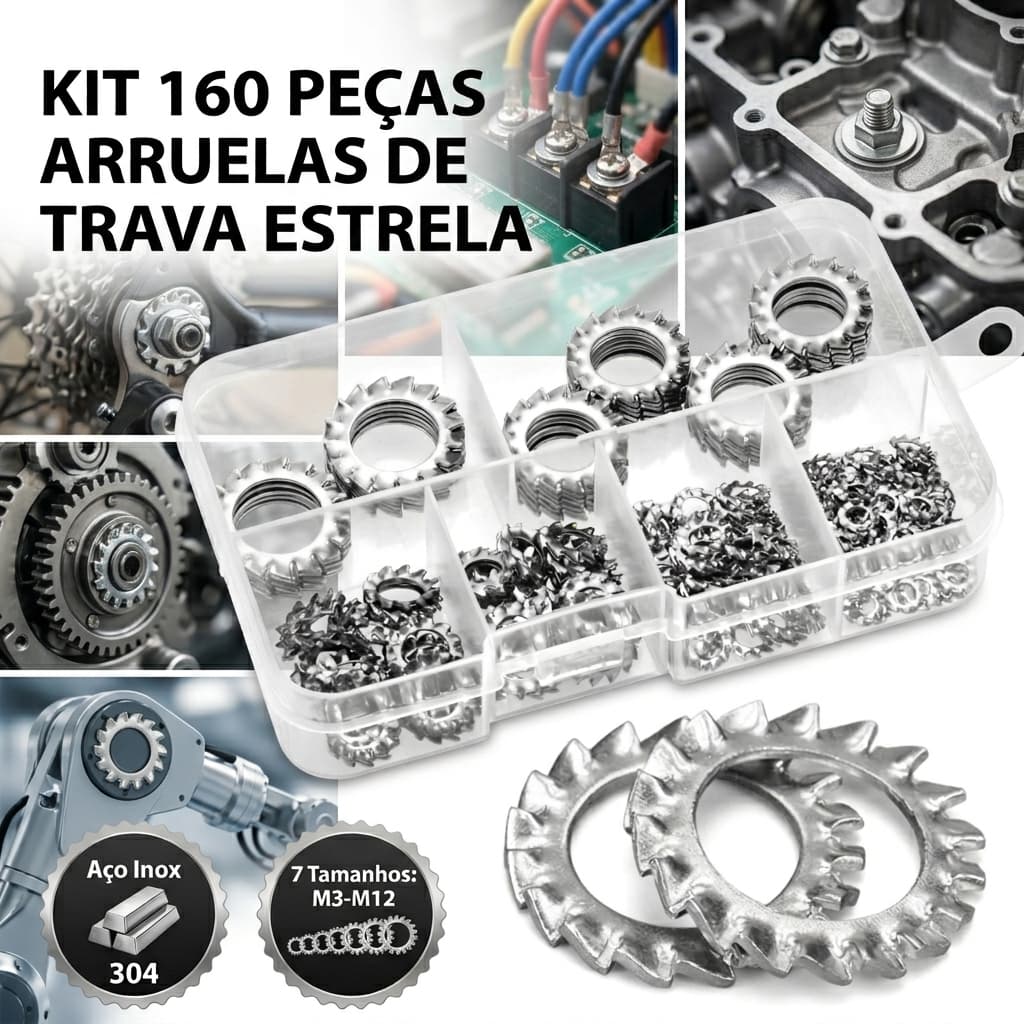160 Peças Arruela de Trava Tipo Estrela Inox | Kit M3 a M12 | Fixação Multiuso Mecânica