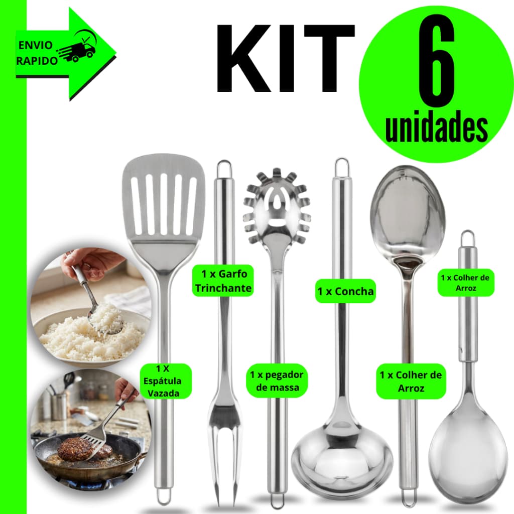 Combo 6 Utensilios  Cozinha  Espá Vazada Garfo Trin  Pegador  Massa Concha Colher Arroz colher Arroz