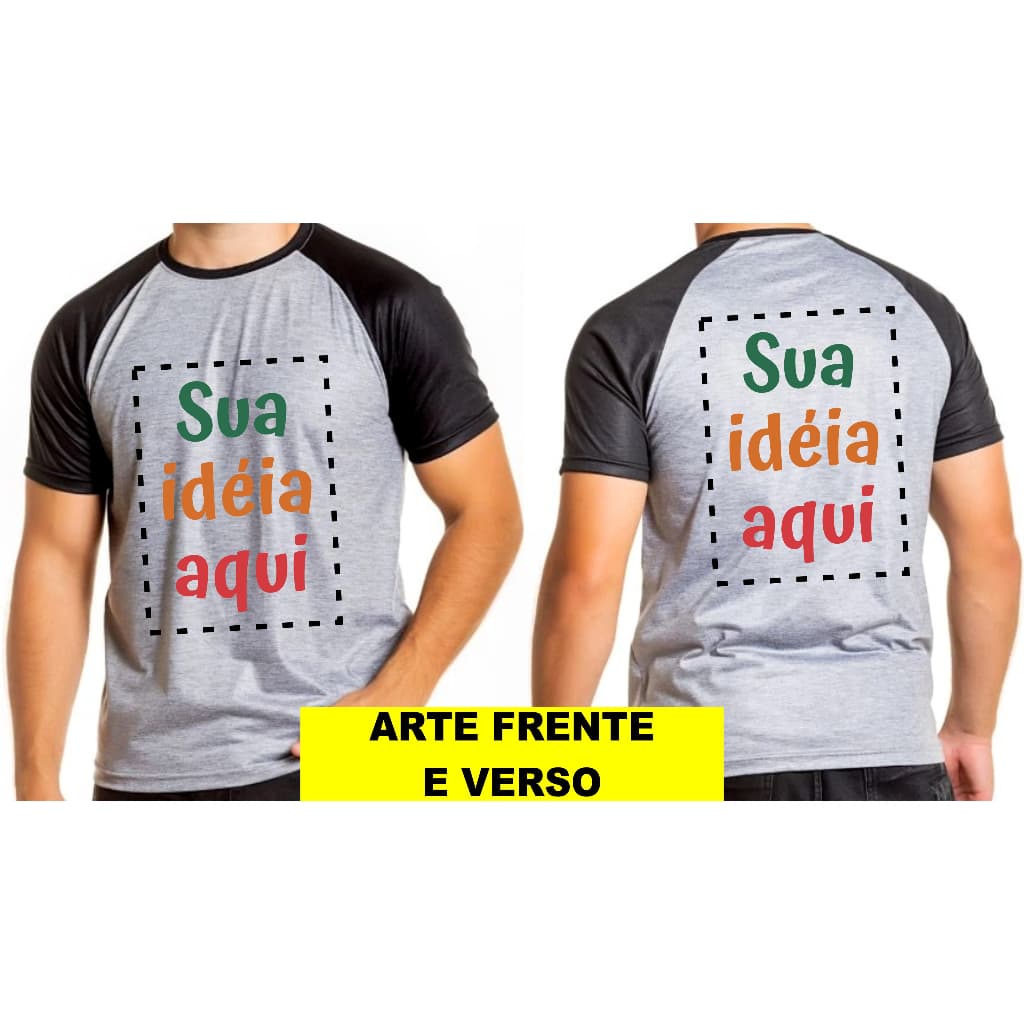 Camiseta Raglan Personalizada FRENTE E VERSO Monte a Sua Malha 100% Poliéster para Sublimação Adulto e Infantil