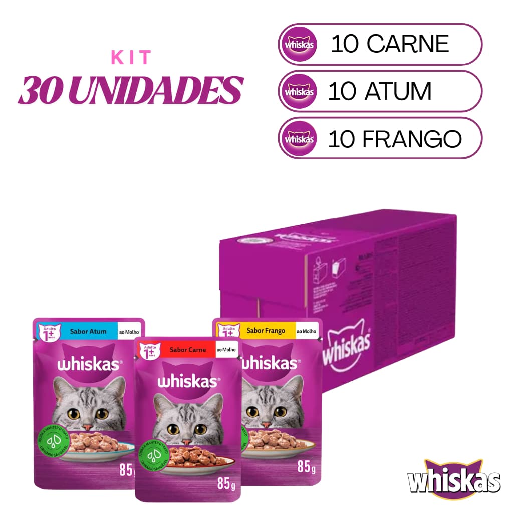 WHISKAS SACHÊS 10 CARNE + 10 ATUM + 10 FRANGO KIT 30 UN