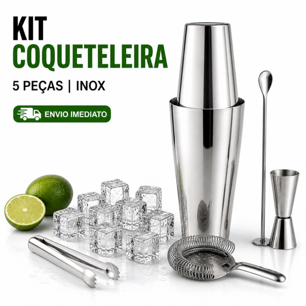 Kit Coqueteleira Drinks 820ml 5 Peças Inox para Barman, Caipirinha em Casa, Bares e Eventos Profissionais