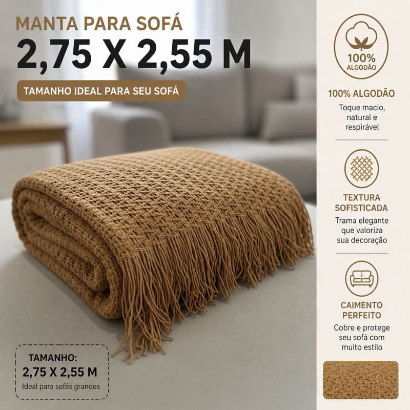 Manta Para Sofá Crochê 2,70 x 2,55 M Artesanal De Algodão Envio Imediato