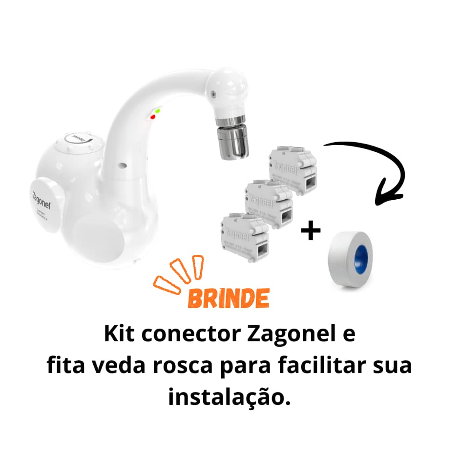 Torneira Lumen eletrônica 5500w 220v branca zagonel + BRINDE: kit conector e fita veda rosca
