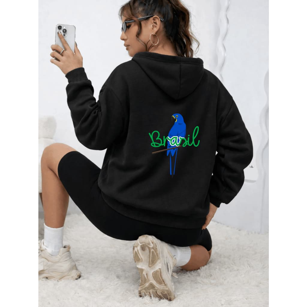 Moletom Canguru com Capuz Feminino Brasil Brasa Blusa De Frio Estampado Frente e Costas Brasuca Copa Seleção Algodão