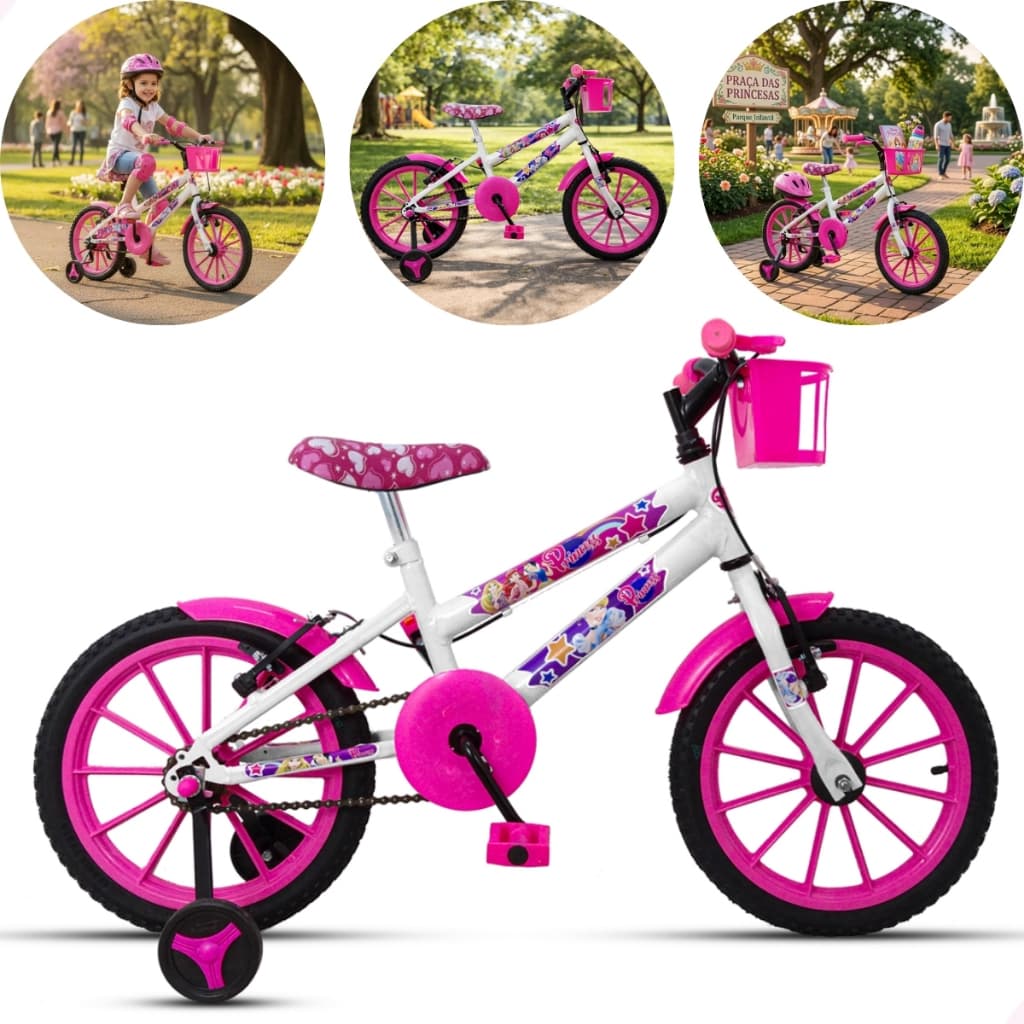 BICICLETA INFANTIL CRIANÇA MENINA ARO 16 PRINCESS COM CESTINHA FREIO V-BRAKE ELLO BIKE
