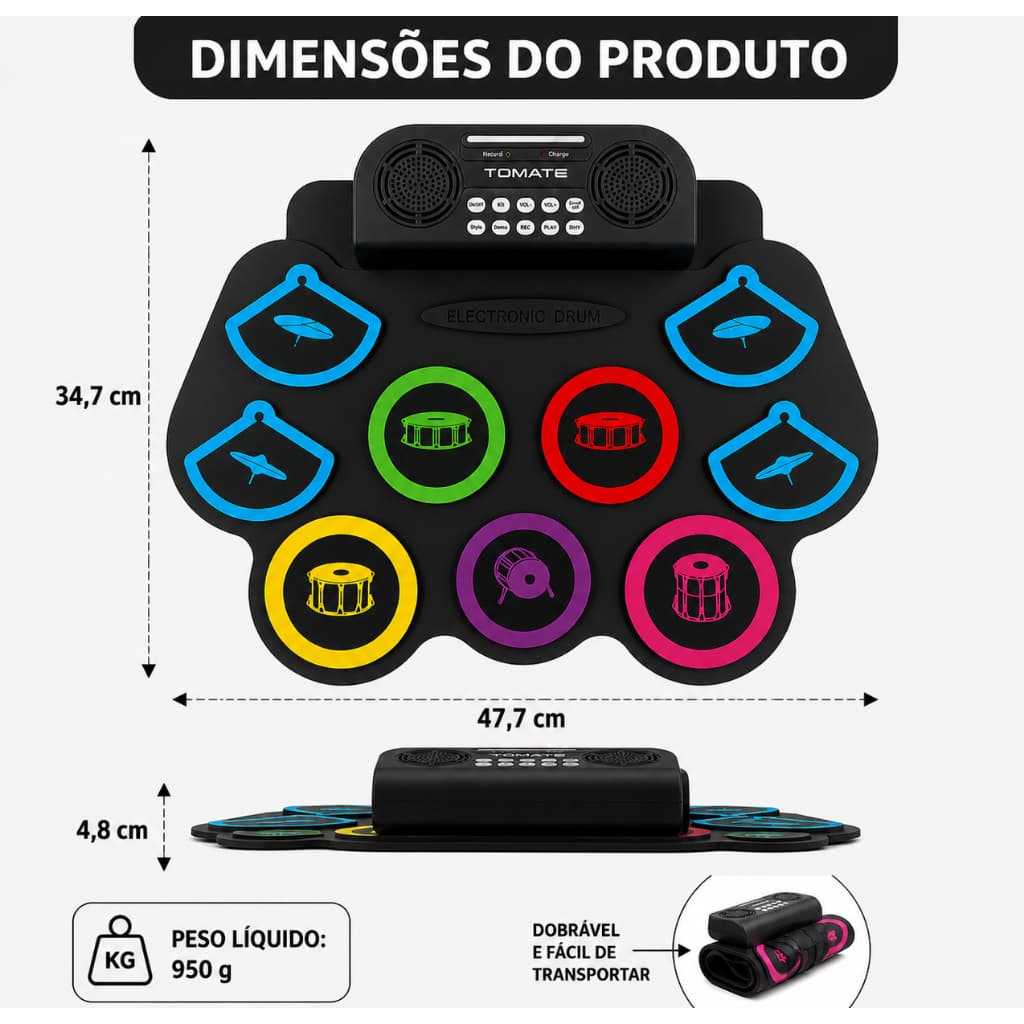 Bateria Eletrônica Portátil com Bluetooth – Recarregável – Dobrável – Som Hi-Fi