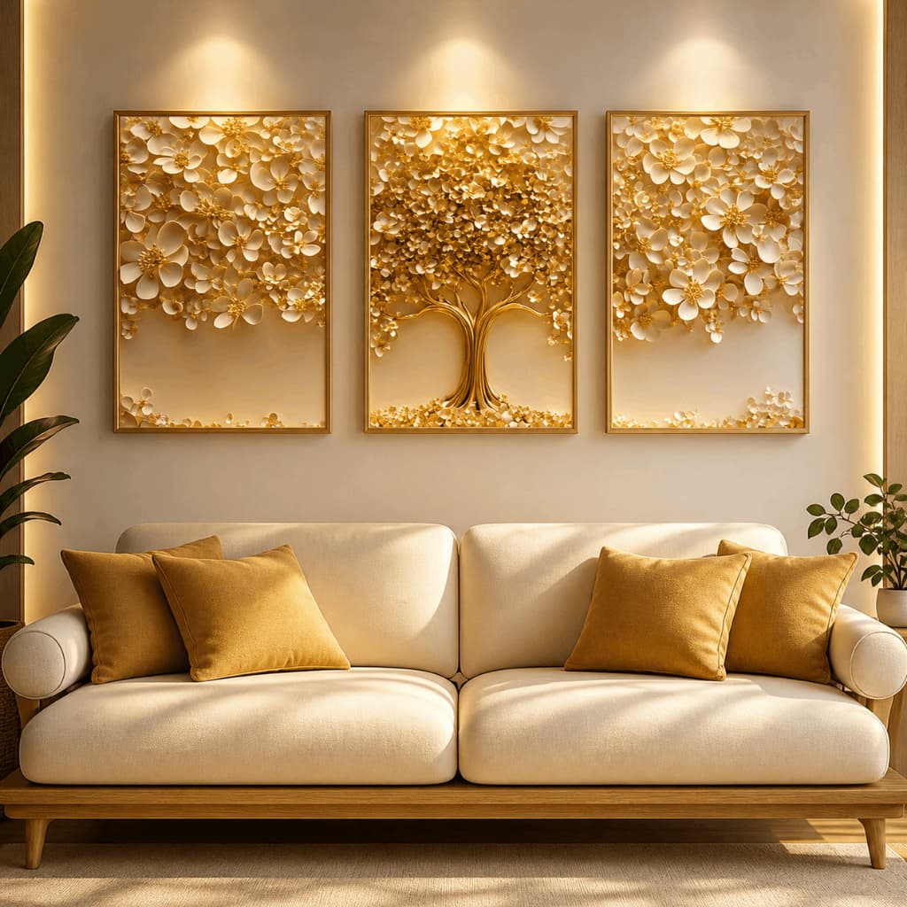 Kit 3 Quadros Decorativos Árvore Floral Dourada Luxo Sala Quarto MDF