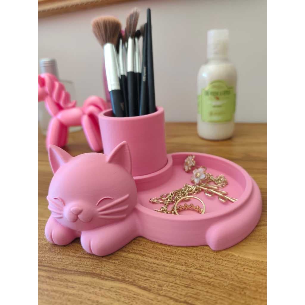 Organizador de Maquiagem Gatinho | Porta-pincéis + Porta-joias