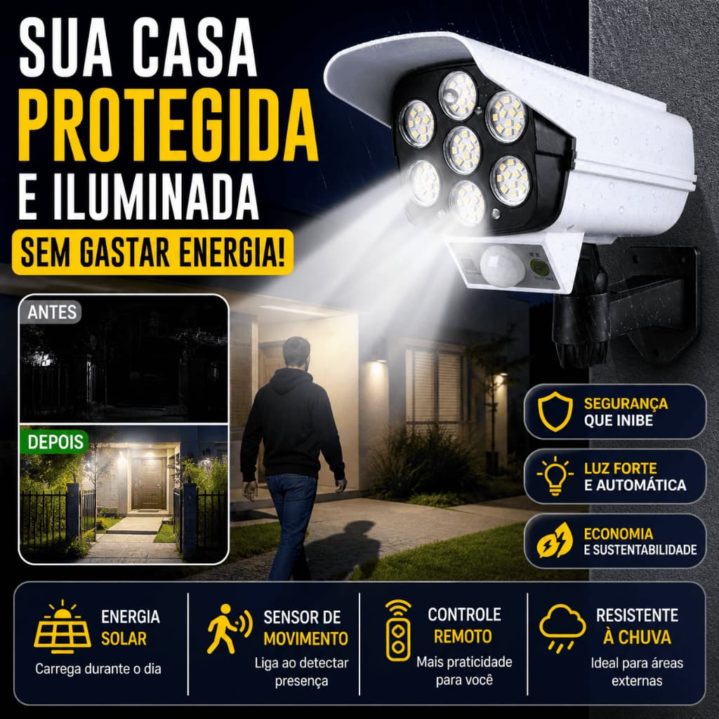 Luminária Solar Sensor Movimento com Câmera Falsa LED Externa Segurança Controle Remoto