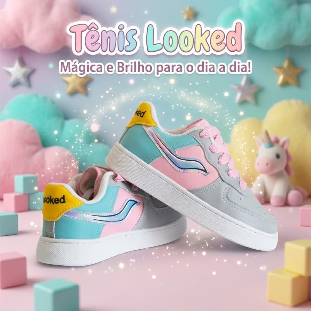 Tênis Casual Infantil Menina Tons Pastel Holográfico Conforto Escolar Resistente Dia A Dia