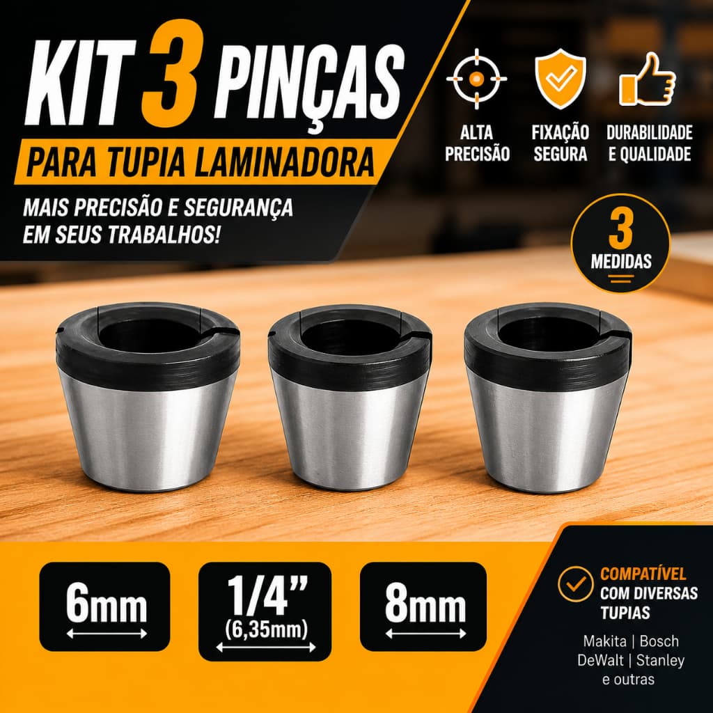 Pinças Para Tupia Laminadora 6mm 6,35mm (1/4) E 8mm Kit 3 un