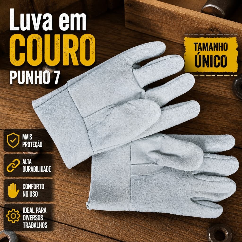 Luva Em Couro Punho 7 Tamanho Único EPI Segurança Trabalho Serviços Gerais Resistente Rnvio Imediato