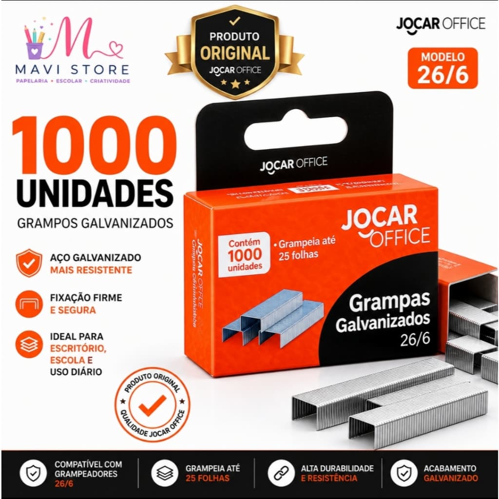 Grampos Galvanizados 26/6 Jocar Office 1000 Unidades Para Grampeador Até 25 Folhas Alta Resistência