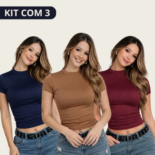 Kit 3 Baby Tee Feminina Básica Slim Fit Manga Curta