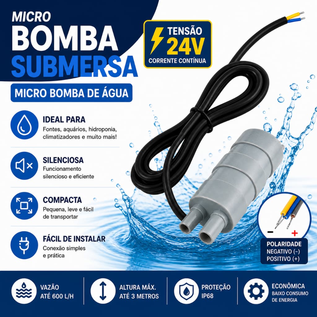 Mini Bomba de Água Submersível Aquários Vazão 600L/H DC 24V 17 Watts Camping Liga na Bateria 24v