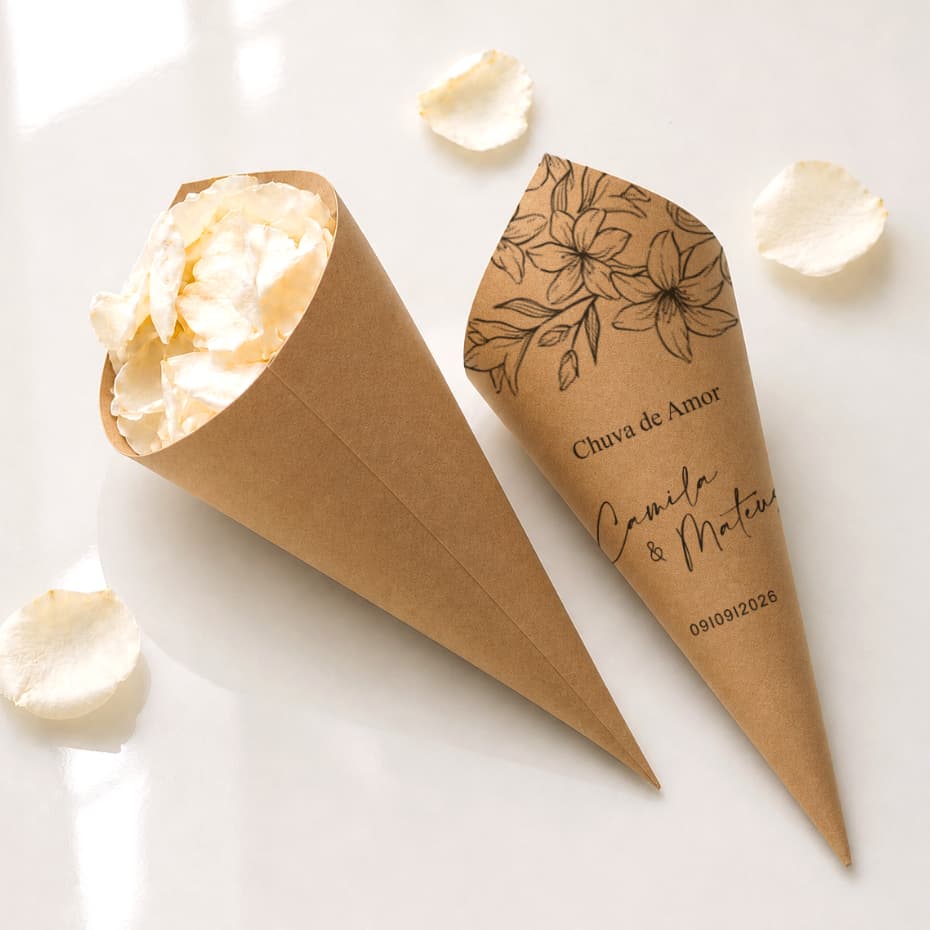 Cones de Pétalas e Arroz Personalizados para Casamento com Nomes e Data Chuva de Amor