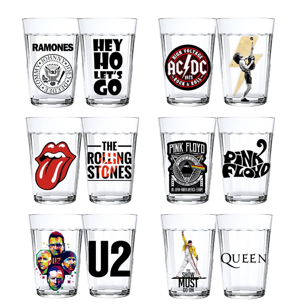 2 Copos Rock Personalizados 190ml Kit Bandas Famosas U2 Ramones Rolling Stones Presente