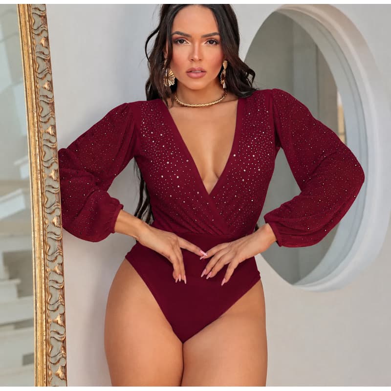 Body Feminino manga Longa  Bufante, Body Tule com Pedrarias, Body Decote Transpassado com Strass Noite Balada Festa