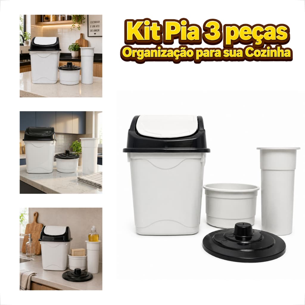 Kit Pia Cozinha Porta Esponja Detergente Lixeira Basculante