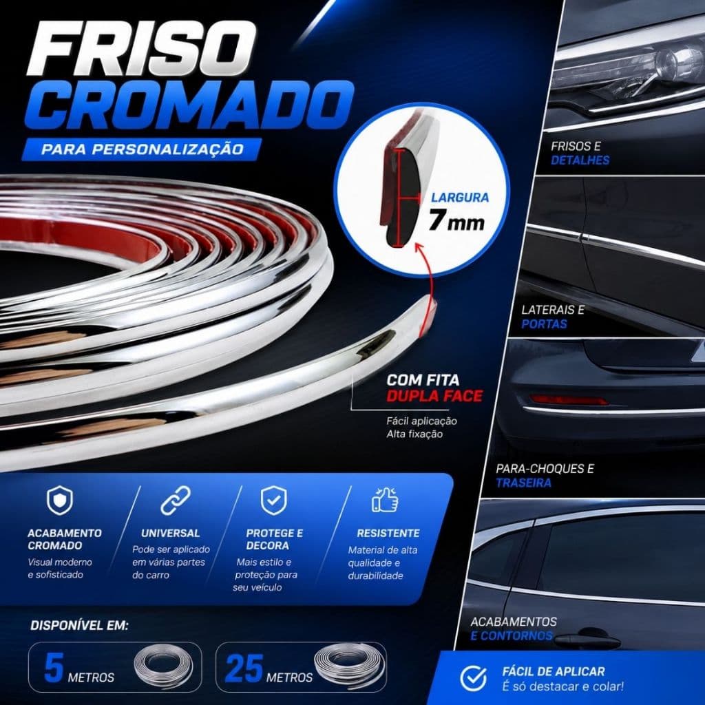 Aplique Friso Universal Autocolante Cromado 7mm para Grades e Para choque
