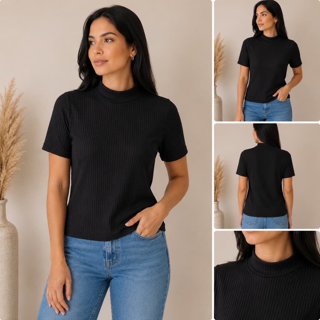 BLUSA FEMININA CANELADA BÁSICA ELEGANTE ESTILOSA MANGA CURTA MEIA GOLA  BABY LOOK CASUAL