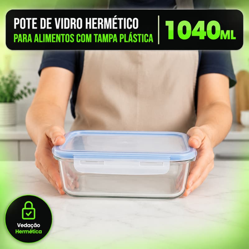 Pote Vidro Hermético 1040ml Marmita Fit Tampa Hermética Vai ao Forno e Freezer 🍲
