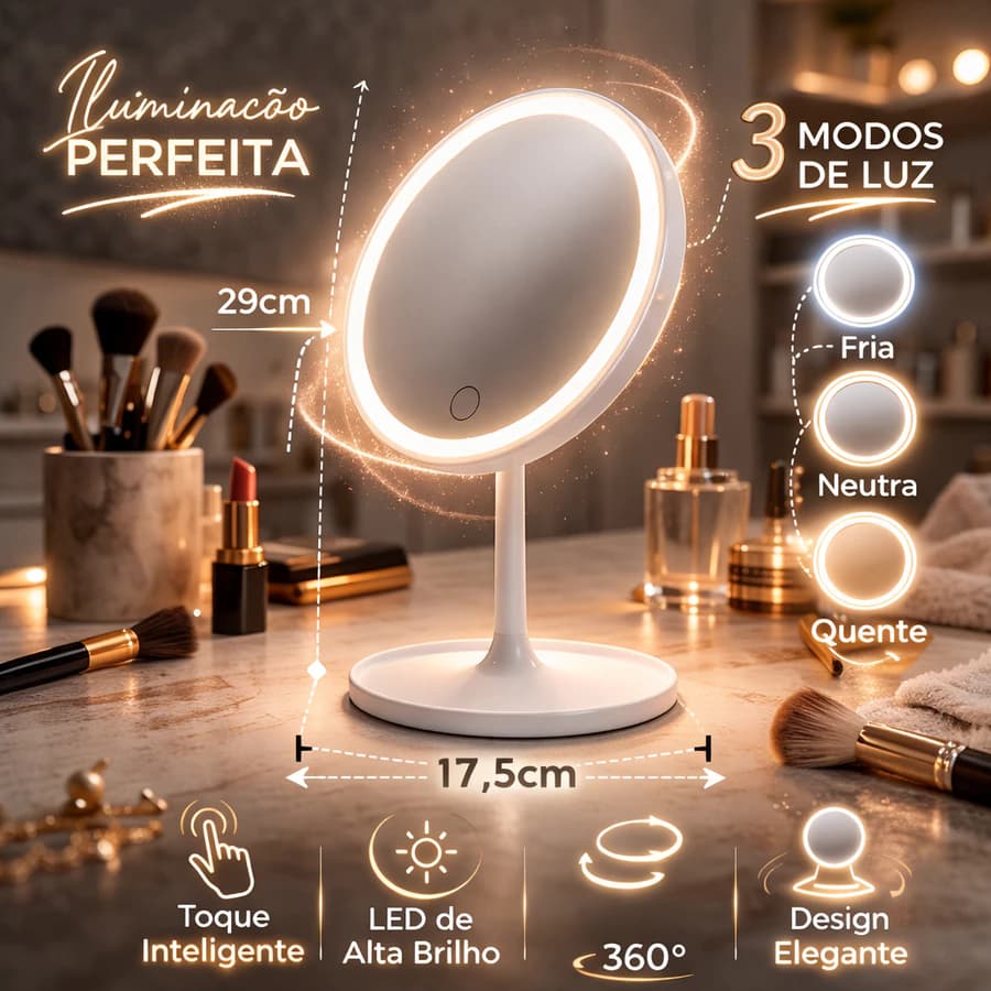 Espelho de Mesa LED Maquiagem Dobrável Com Armazenamento- Branco