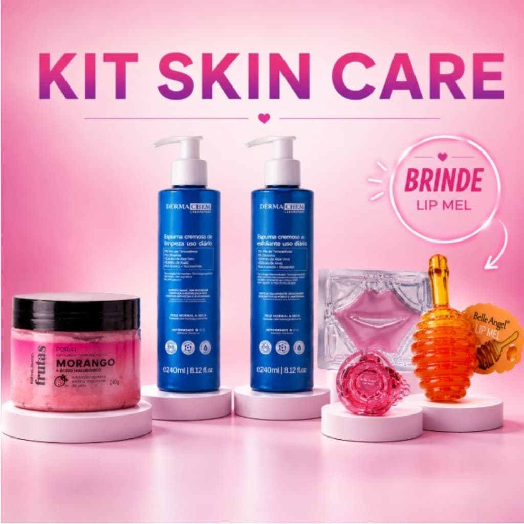 Kit Skincare Completo + Lip Balm, Gel de Limpeza, Esfoliante e Máscara Labial + Brinde