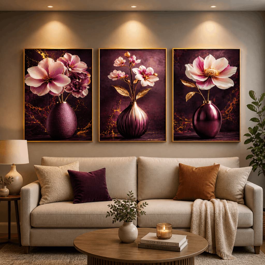 Kit 3 Quadros Decorativos Flores Rosas em Vaso Luxo Sala Quarto MDF Decoração Parede