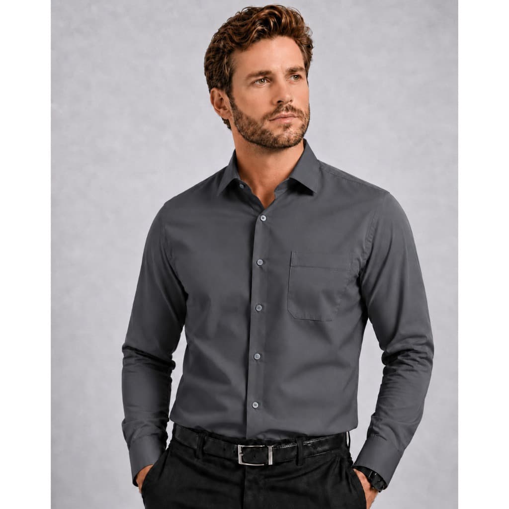 Camisa Social Masculina Bom Pano Manga Longa Lisa Grafite Cinza Escuro Chumbo