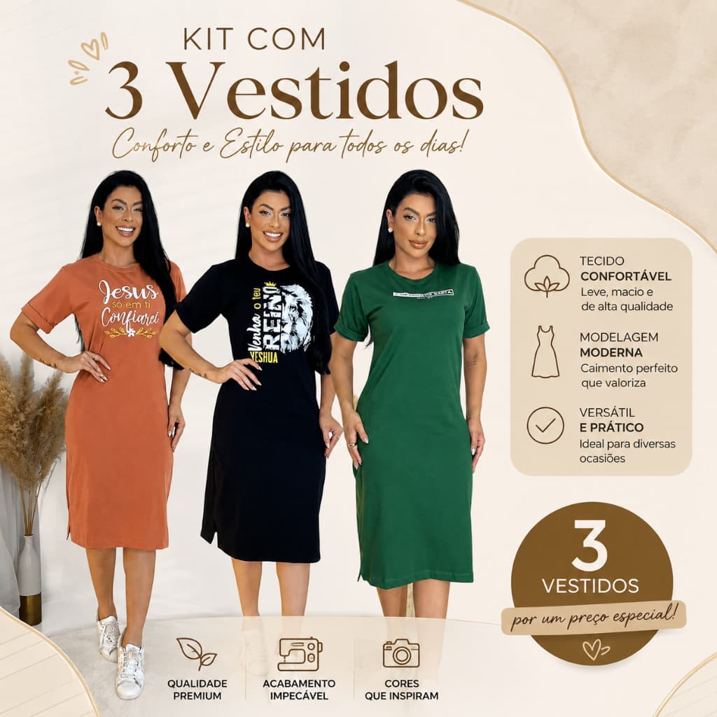 Kit 3 ou 1 Vestidos Midi Feminino 100% Algodão Premium Gola Redonda com Fenda P ao GG