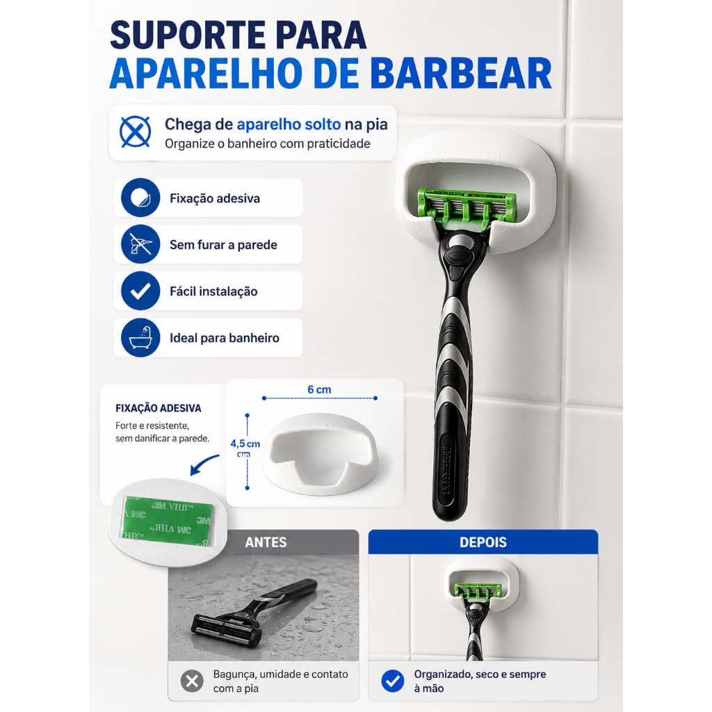 Suporte Gillette Mach3 Parede Sem Furar Organizador Barbeador Banheiro 3M