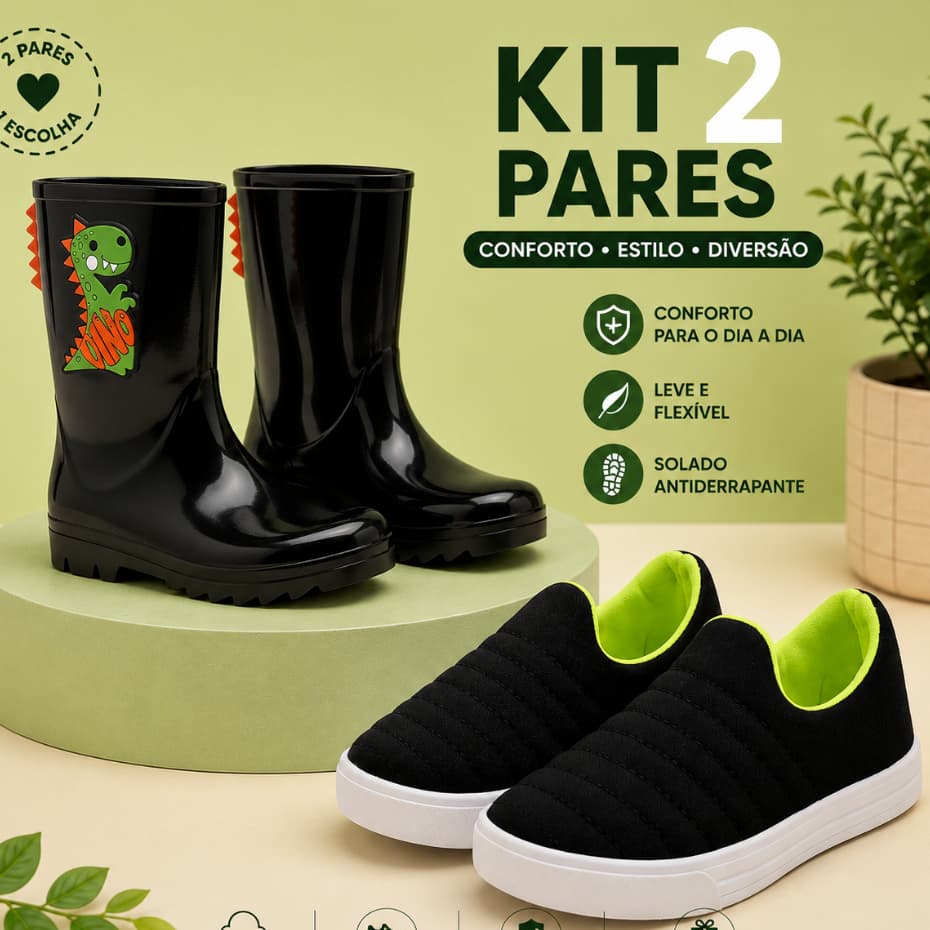 Kit 2 Pares Galocha Cano Alto + Tênis Calce Fácil Infantil Menino Confortável
