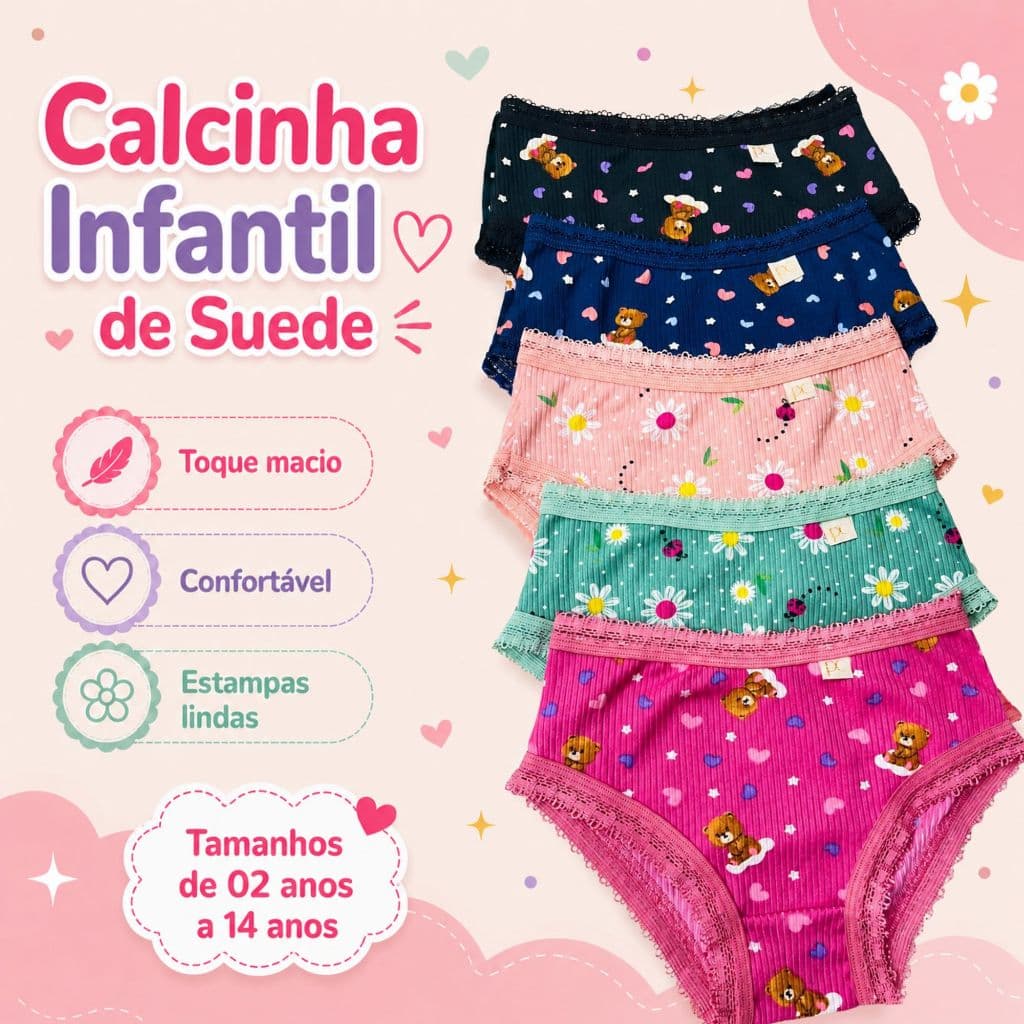 Kit Calcinha Infantil Juvenil De 02 a 12 Anos Forro 100% Algodão De Menina Criança