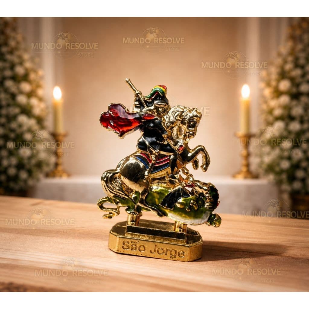 Miniatura São Jorge Dourada com Base Adesiva para Carro Painel Decoração Religiosa