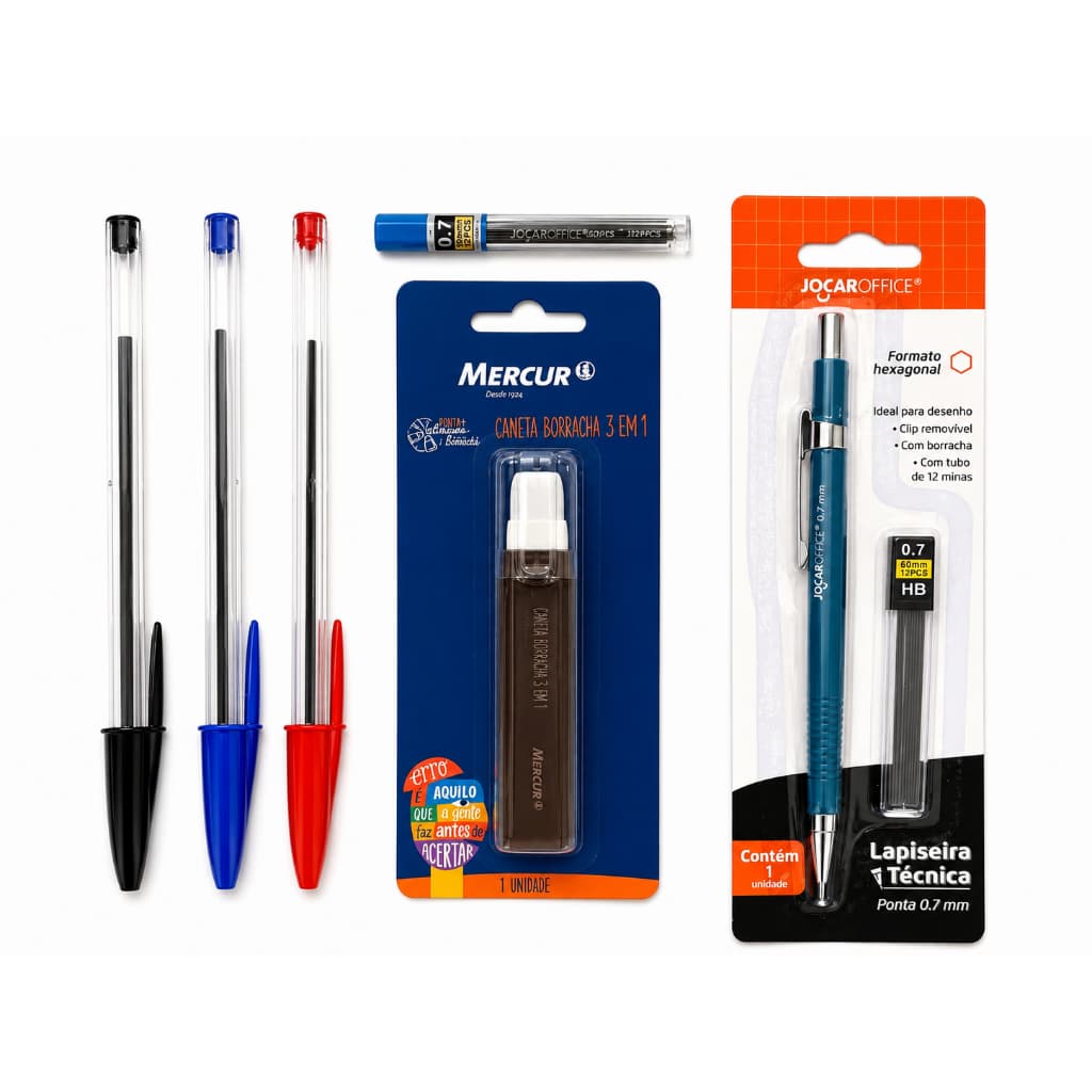 Kit escrita para faculdade Canetas + Lapiseira 0.7 + Grafites + Caneta Borracha