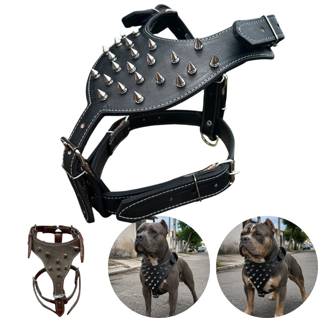 Peitoral de Couro para Cachorro com Spikes Aço Inox | Peitoral Reforçado Antipuxão Pitbull American Bully Grande Forte P