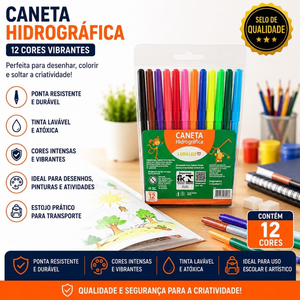Caneta Hidrográfica 12 Cores Papelaria Escolar Leo&Leo
